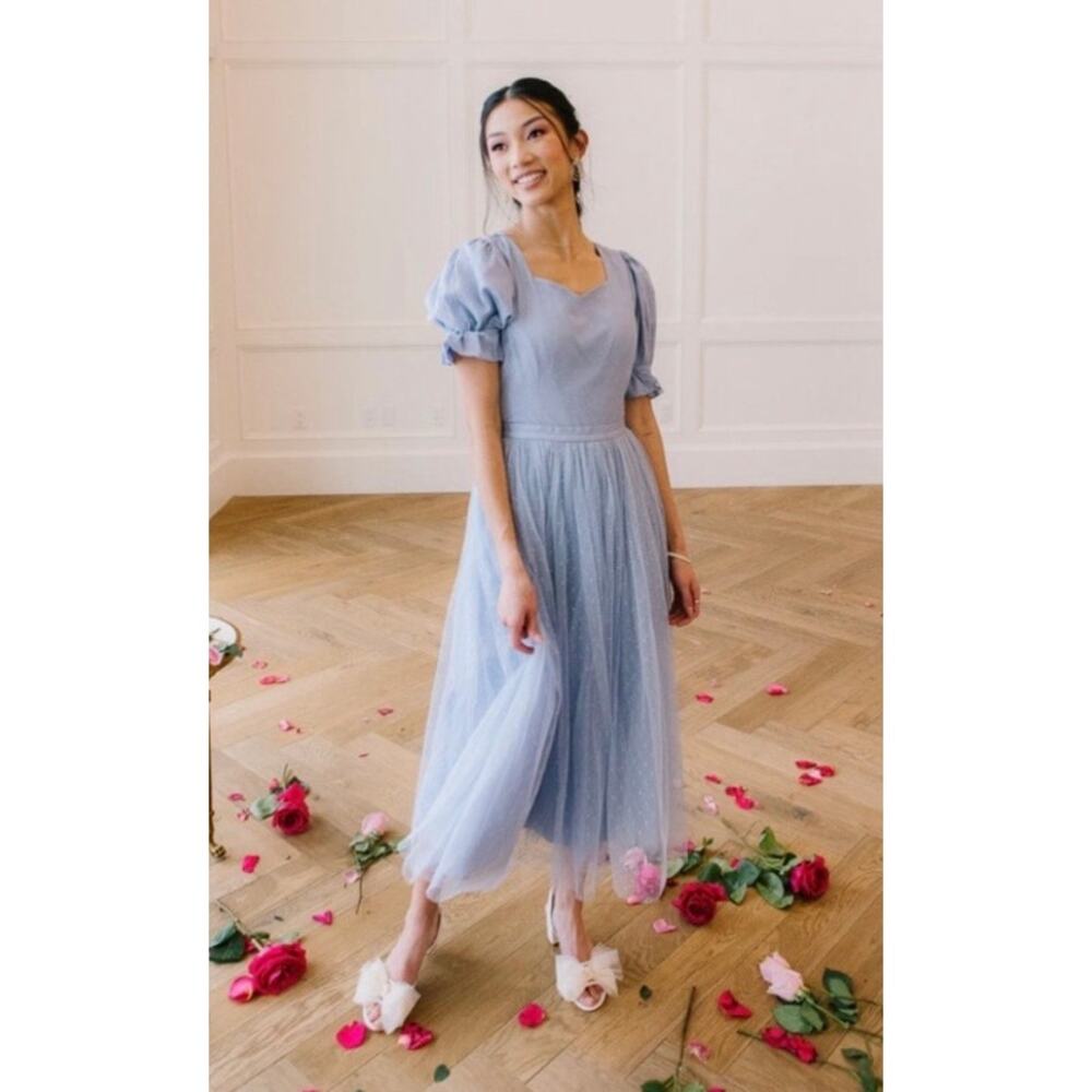 Ivy City Co Powder Blue Midi Tulle Dress with Puff Sleeves